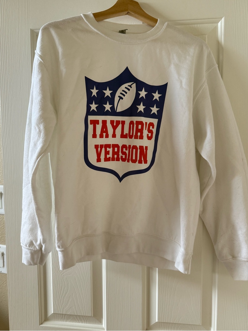Gildan White Kids Sweatshirt with Red & Blue Football Shield Graphic